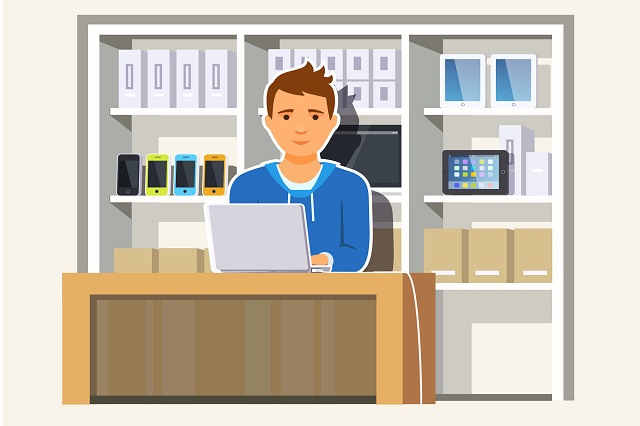 Young boy shop assistant